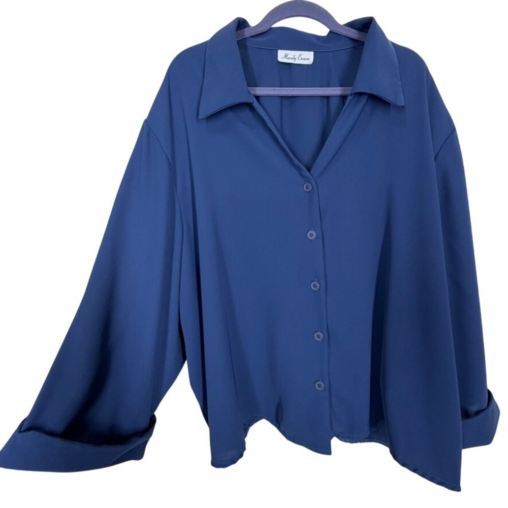 Mandy Evans Women Button Up Shirt 4X Blue Oversized Long Sleeve Blouse Career